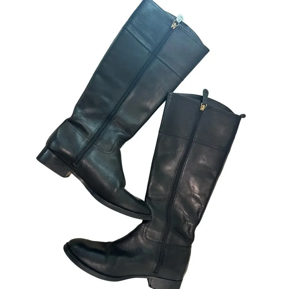 Tory Burch Kiernan Leather Knee High Black Riding Boots Gold Tory Logo